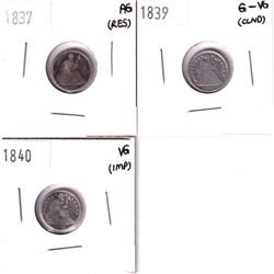1837 AG (residue), 1839 G-VG (Cleaned), & 1840 VG (Impaired) All USA silver Half Dime. 3pcs