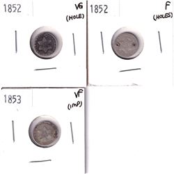 1852 USA 3-cent VG (hole), 1852 USA 3-cent F (Holes) & 1853 USA 3-cent VF (impaired). 3pcs
