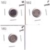 Image 1 : 1852 USA 3-cent VG (hole), 1852 USA 3-cent F (Holes) & 1853 USA 3-cent VF (impaired). 3pcs