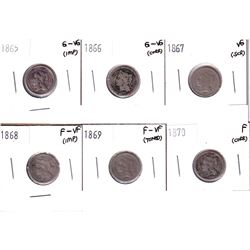 1865-1870 USA 3-cent coins: 1865 G-VG (impaired), 1866 G-VG (corrosion), 1867 VG (scratched), 1868 F