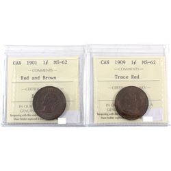 1901 Red/brown & 1909 Trace Red Canada 1-cent ICCS Certified MS-62. 2pcs