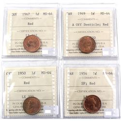 1947, 1949 A off Denticle, 1950 & 1954 SF Canada 1-cent ICCS Certified MS-64 Red. 4pcs