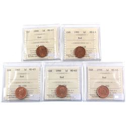 1990, 1991, 1997, 1998 & 1999 Canada 1-cent ICCS Certified MS-65 Red. 5pcs