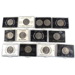 Collection of Vintage John F. Kennedy Half Dollars in Souvenir Holders. Dates include: 1967, 1969, 2