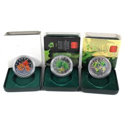 2001, 2002 & 2003 Canada Coloured $5 1oz .9999 Fine Silver Maple Leaf (Tax Exempt). Coins are toned 