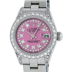 Rolex Ladies Stainless Steel Pink Diamond Lugs Oyster Quickset Datejust Wristwatch