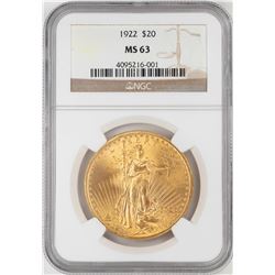 1922 $20 St. Gaudens Double Eagle Gold Coin NGC MS63