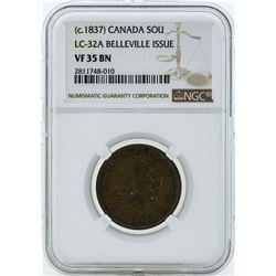 c. 1837 Canada Un Sou LC-32A Belleville Issue Coin NGC VF35BN