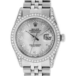 Rolex Mens Stainless Steel Mother Of Pearl Diamond Lugs Datejust Wristwatch