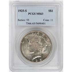 1925-S $1 Peace Silver Dollar Coin PCGS MS63