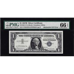 1957B $1 Silver Certificate Note Mismatch Serial Number PMG Gem Uncirculated 66EPQ
