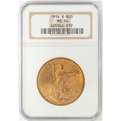 1914-S $20 St. Gaudens Double Eagle Gold Coin NGC MS64