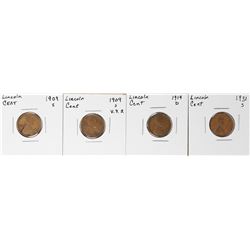 Lot of (4) Key Date Lincoln Wheat Cent Coins 1909-S, 1909-S VDB, 1914-D & 1931-S Lincoln Cents