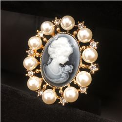 Grey And Gold Pearl Cameo Broach With Silhouette Of A Beauty