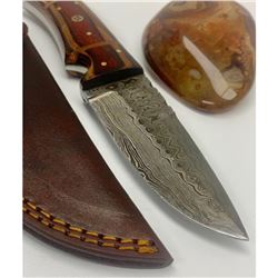 8 1/2" Inlaid Wood Handle Damascus Hunting Knife With Stitched Leather Sheath