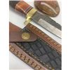 Image 3 : 10" Inlaid Wood & Brass Handle Damascus Hunting Knife With Stitched Leather Sheath