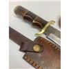 Image 4 : 11 1/2" Inlaid Wood Handle Damascus Hunting Knife With Stitched Leather Sheath