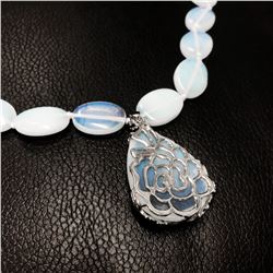 Hand Knotted Mother Of Pearl Colored Beaded Necklace With Rose Floral Pendant