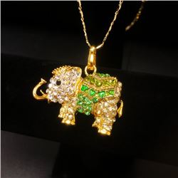 Bejeweled Green And Gold Rhinestone Ganesh Chaturthi Elephant Pendant Paired With Necklace Marked 18