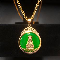 Chinese Green Jade Resting Buddha Paired With An 18 Karat Gold Plated Necklace