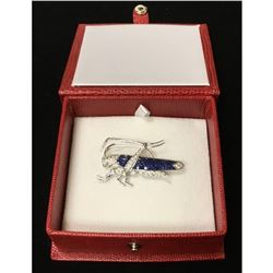 One Of A Kind 18K White Gold, Hue Blue Sapphire, And Many Diamonds Top Quality Grasshopper Broach
