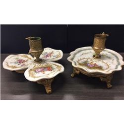 Pair of Rare Old French Painted Porcelain On Guilt Candle Holders