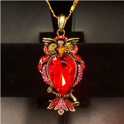 Bejeweled Red Rhinestone Enchanted Owl Pendant Paired With Necklace Marked 18KGP