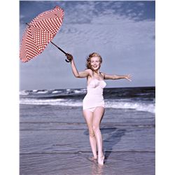 ANDRE DE DIENES (1913-1985): MARILYN MONROE Polka Dot Umbrella, Tobay Beach, 1949