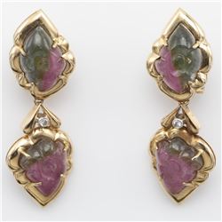 A pair of tourmaline, diamond, 14 carat earrings.