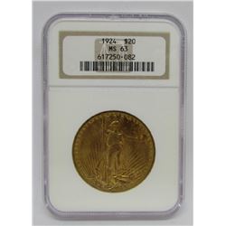 1924 $20 MS63 GOLD ST GAUDENS DOUBLE EAGLE COIN.