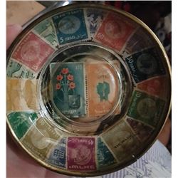 ISARELI BRASS AND GLASS STAMP ASHTRAY.