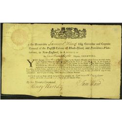 Colonial Governor SAMUEL WARD - Signed document 1762
