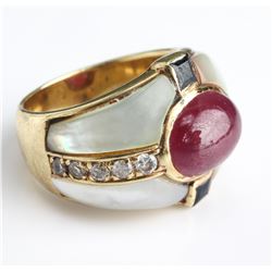 18 Carat Yellow Gold Diamond & Ruby & Sapphire MOP Ring