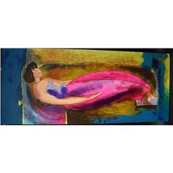 Linda Le Kinff signed 20thC. Acrylic - Reclining Woman.