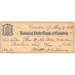 WALT WHITMAN SIGNED CHEQUE.