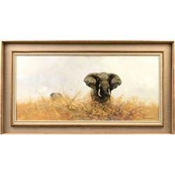 DAVID SHEPHERD (British 1931-2017) A PAINTING, "Bull Elephant,"