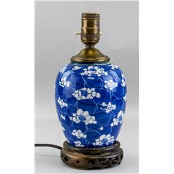Chinese Blue and White Porcelain Lamp w/ Wood Base