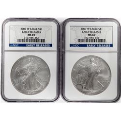 Lot of (2) 2007-W $1 American Silver Eagle Coins NGC MS69 Early Releases