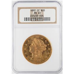 1892-CC $20 Liberty Head Double Eagle Gold Coin NGC MS61