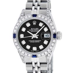 Rolex Ladies Stainless Steel Black Diamond Lugs & Sapphire Datejust
