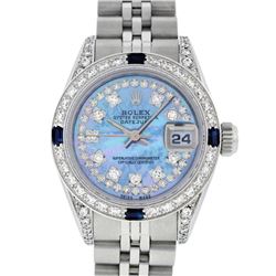 Rolex Ladies Stainless Steel Blue MOP Diamond Lugs & Sapphire Datejust Wristwatch