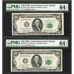 Lot of (2) 1950E $100 Federal Reserve Notes Chicago PMG Choice Uncirculated 64EPQ