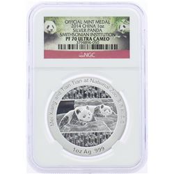 2014 China Silver Panda Smithsonian Institution Medal NGC PF70 Ultra Cameo w/Box & COA