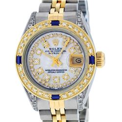 Rolex Ladies Two Tone 14K MOP String Diamond Lugs & Sapphire Datejust Wristwatch