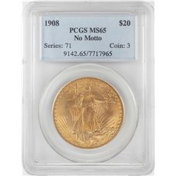 1908 No Motto $20 St. Gaudens Double Eagle Gold Coin PCGS MS65