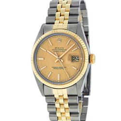 Rolex Mens Two Tone 14K Champagne Linen Index 36MM Datejust Wristwatch