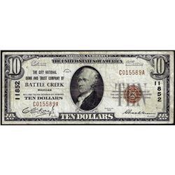 1929 $10 City NB and Trust Battle Creek, MI CH# 11852 National Currency Note