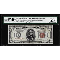 1934 $5 Hawaii WWII Emergency Issue Federal Reserve Note Fr.2301m PMG About Unc. 55EPQ