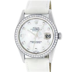 Rolex Mens Stainless Steel MOP Diamond 36MM Datejust Wristwatch With Leather Band