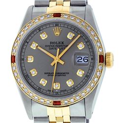 Rolex Mens Two Tone 14K Slate Grey Diamond & Ruby Datejust Wristwatch